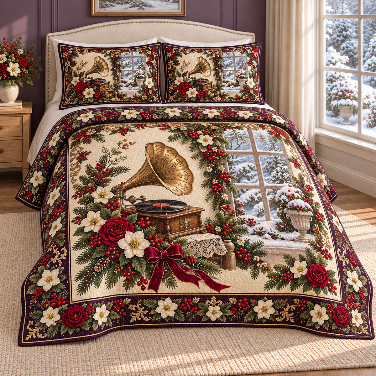 Garden Gramophone Christmas Roses thin printed quilt with two matching pillow shams; complete-product design mockup with flat printed visual depth.