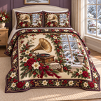 Garden Gramophone Christmas Roses thin printed quilt with two matching pillow shams; complete-product design mockup with flat printed visual depth.