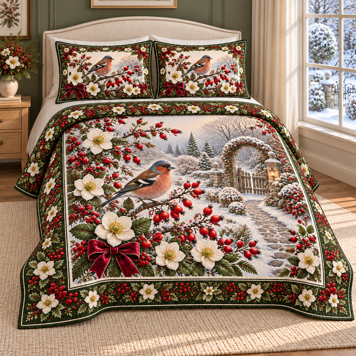 Garden Chaffinch Christmas Rosehip thin printed quilt with two matching pillow shams; complete-product design mockup with flat printed visual depth.