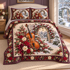 Garden Cello Christmas Winter Roses thin printed quilt with two matching pillow shams; complete-product design mockup with flat printed visual depth.