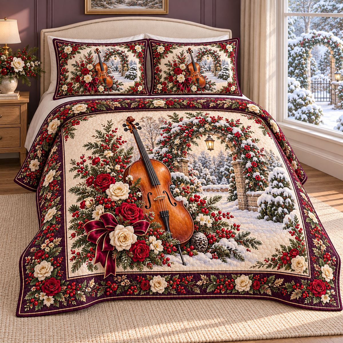 Garden Cello Christmas Winter Roses thin printed quilt with two matching pillow shams; complete-product design mockup with flat printed visual depth.