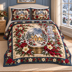 Garden Snow Globe Christmas Roses thin printed quilt with two matching pillow shams; complete-product design mockup with flat printed visual depth.