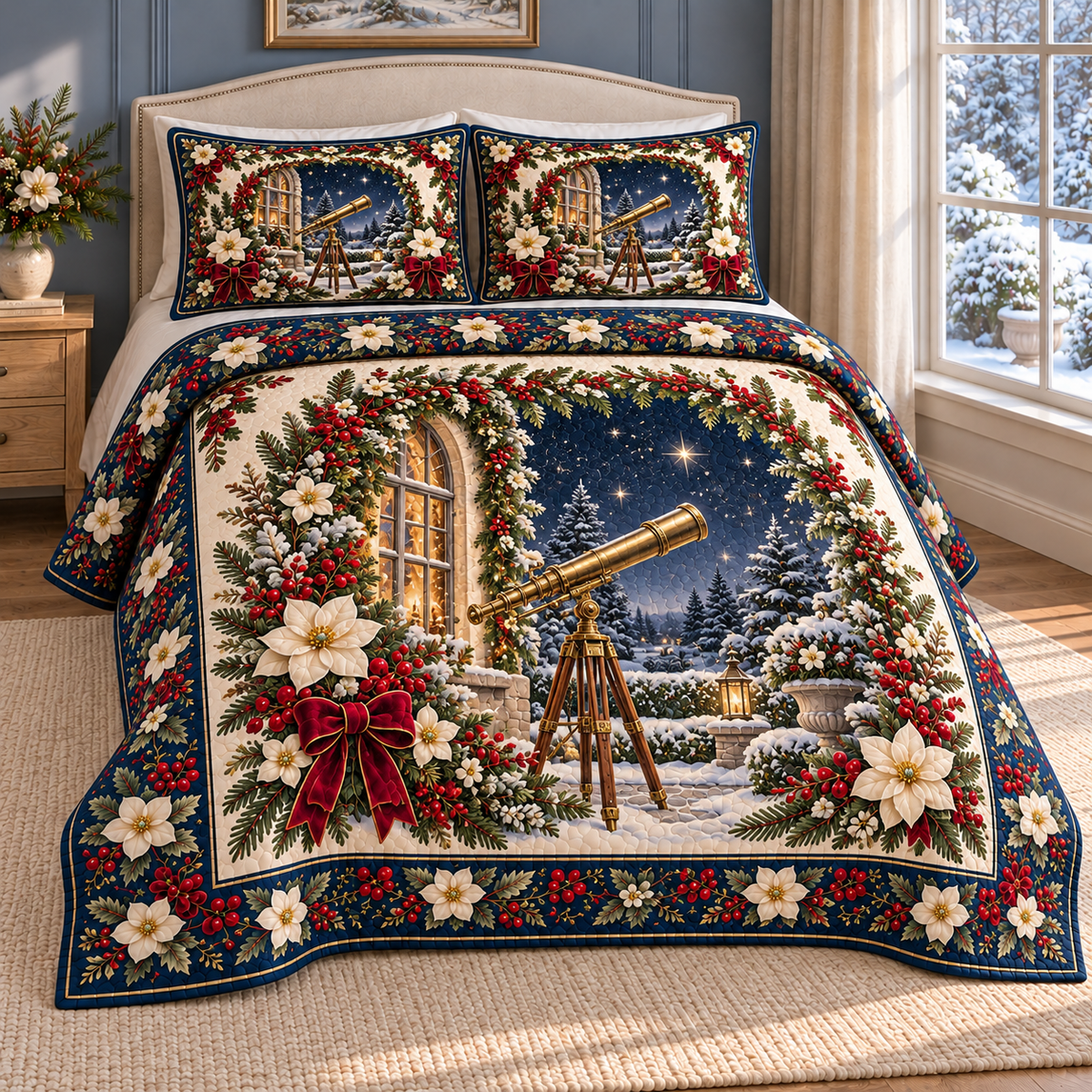 Garden Telescope Christmas Stars thin printed quilt with two matching pillow shams; complete-product design mockup with flat printed visual depth.