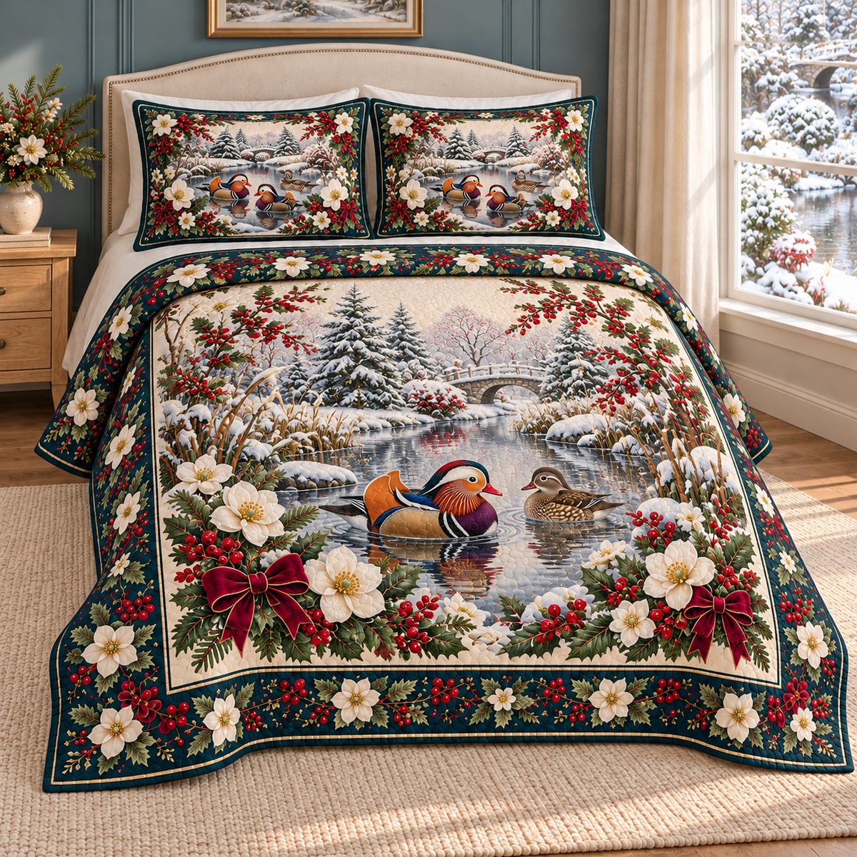Garden Mandarin Duck Christmas Holly thin printed quilt with two matching pillow shams; complete-product design mockup with flat printed visual depth.