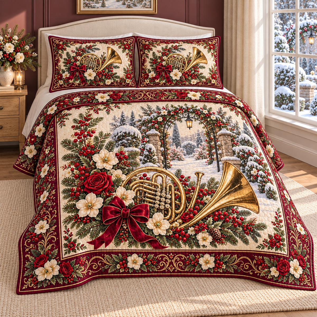 Garden French Horn Christmas Roses thin printed quilt with two matching pillow shams; complete-product design mockup with flat printed visual depth.