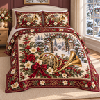 Garden French Horn Christmas Roses thin printed quilt with two matching pillow shams; complete-product design mockup with flat printed visual depth.