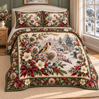 Garden Goldfinch Christmas Thistle thin printed quilt with two matching pillow shams; complete-product design mockup with flat printed visual depth.