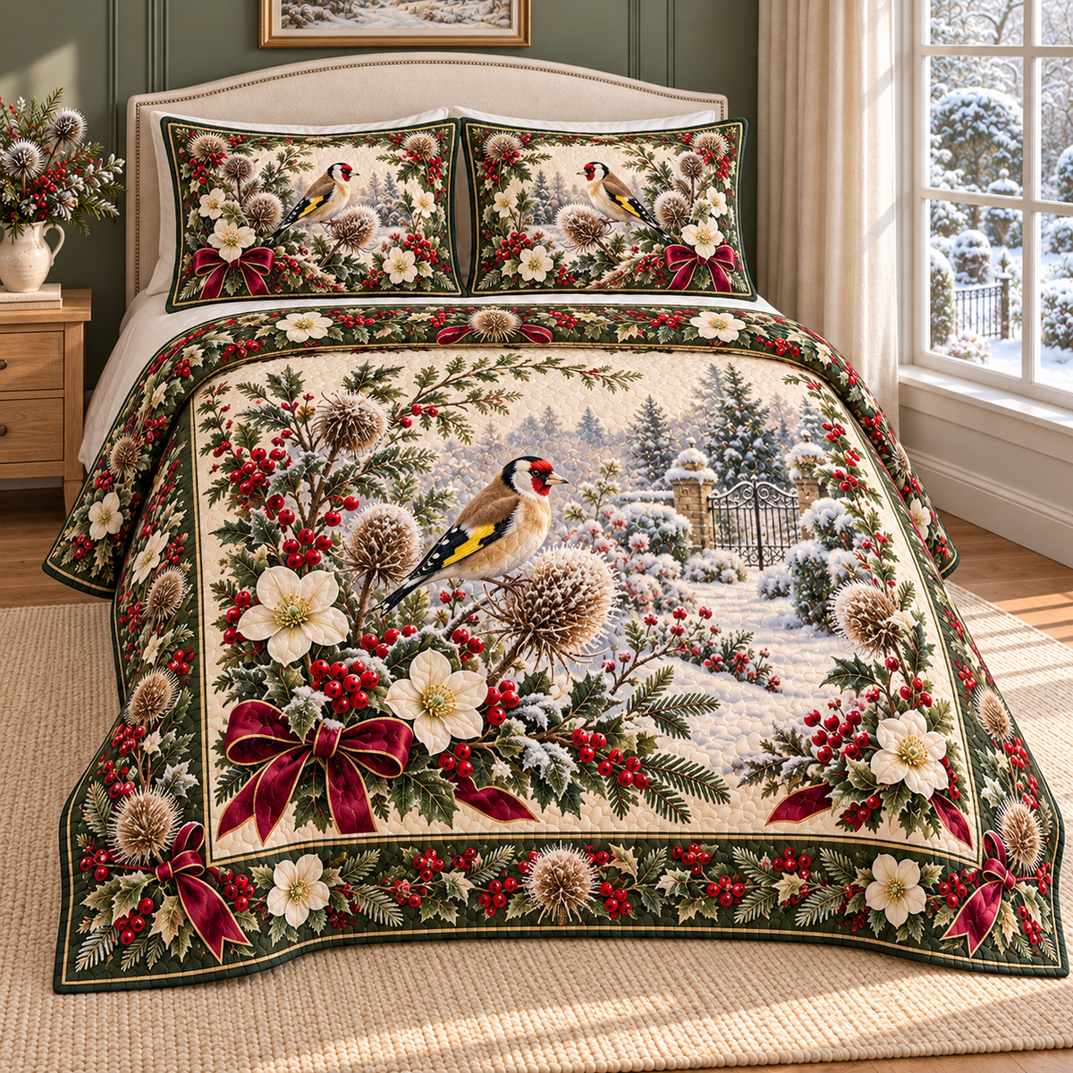 Garden Goldfinch Christmas Thistle thin printed quilt with two matching pillow shams; complete-product design mockup with flat printed visual depth.