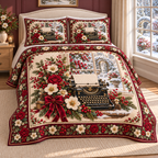 Garden Typewriter Christmas Roses thin printed quilt with two matching pillow shams; complete-product design mockup with flat printed visual depth.