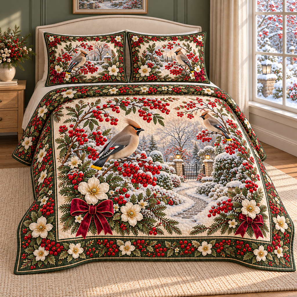 Garden Waxwing Christmas Rowan thin printed quilt with two matching pillow shams; complete-product design mockup with flat printed visual depth.