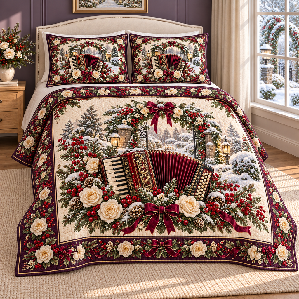 Garden Accordion Christmas Ivory Roses thin printed quilt with two matching pillow shams; complete-product design mockup with flat printed visual depth.