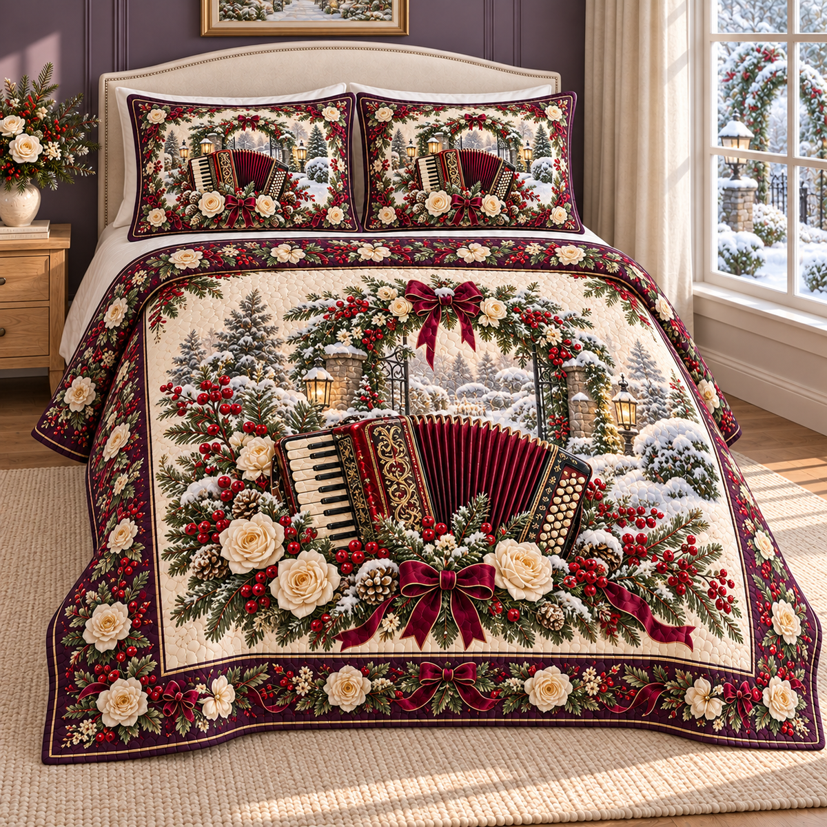 Garden Accordion Christmas Ivory Roses thin printed quilt with two matching pillow shams; complete-product design mockup with flat printed visual depth.