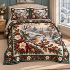 Garden Nuthatch Christmas Holly thin printed quilt with two matching pillow shams; complete-product design mockup with flat printed visual depth.