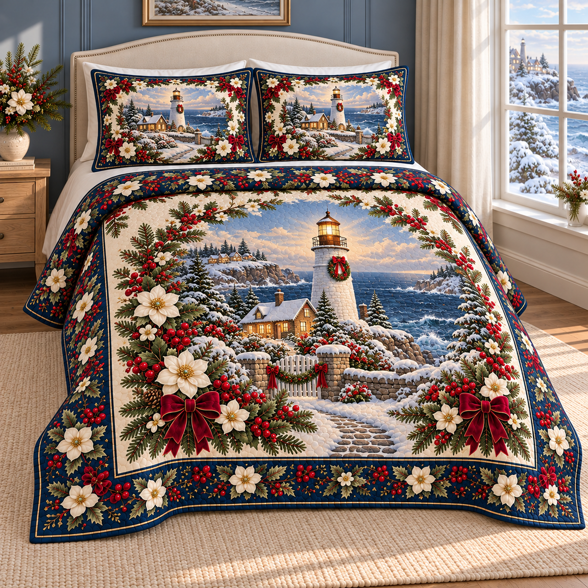 Coastal Lighthouse Christmas Holly thin printed quilt with two matching pillow shams; complete-product design mockup with flat printed visual depth.