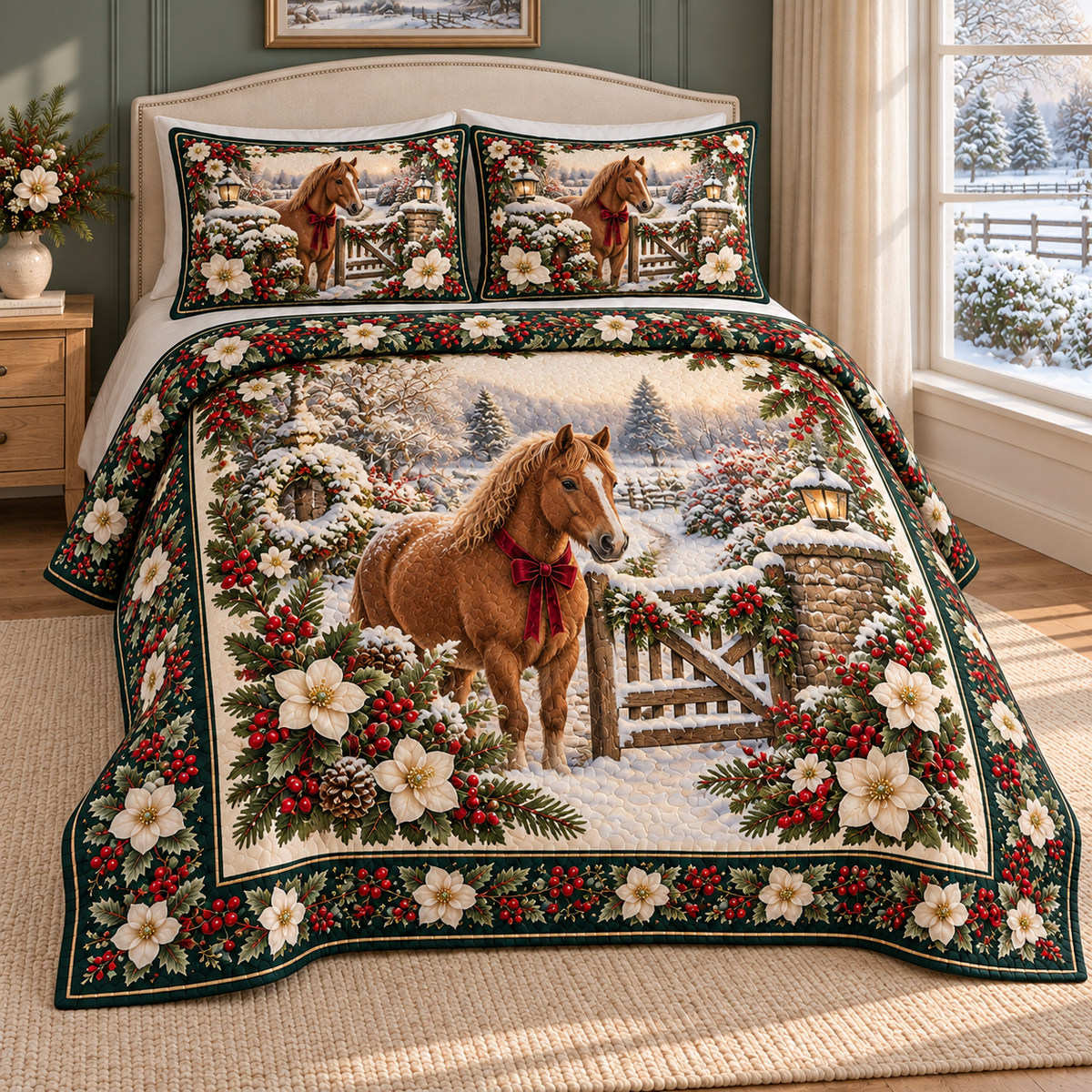 Garden Chestnut Pony Christmas Holly thin printed quilt with two matching pillow shams; complete-product design mockup with flat printed visual depth.
