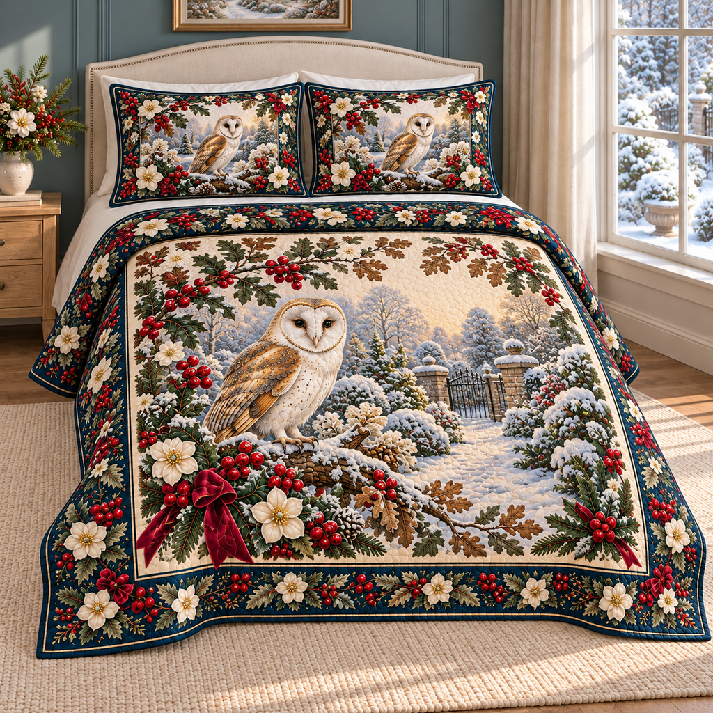 Garden Barn Owl Christmas Holly thin printed quilt with two matching pillow shams; complete-product design mockup with flat printed visual depth.