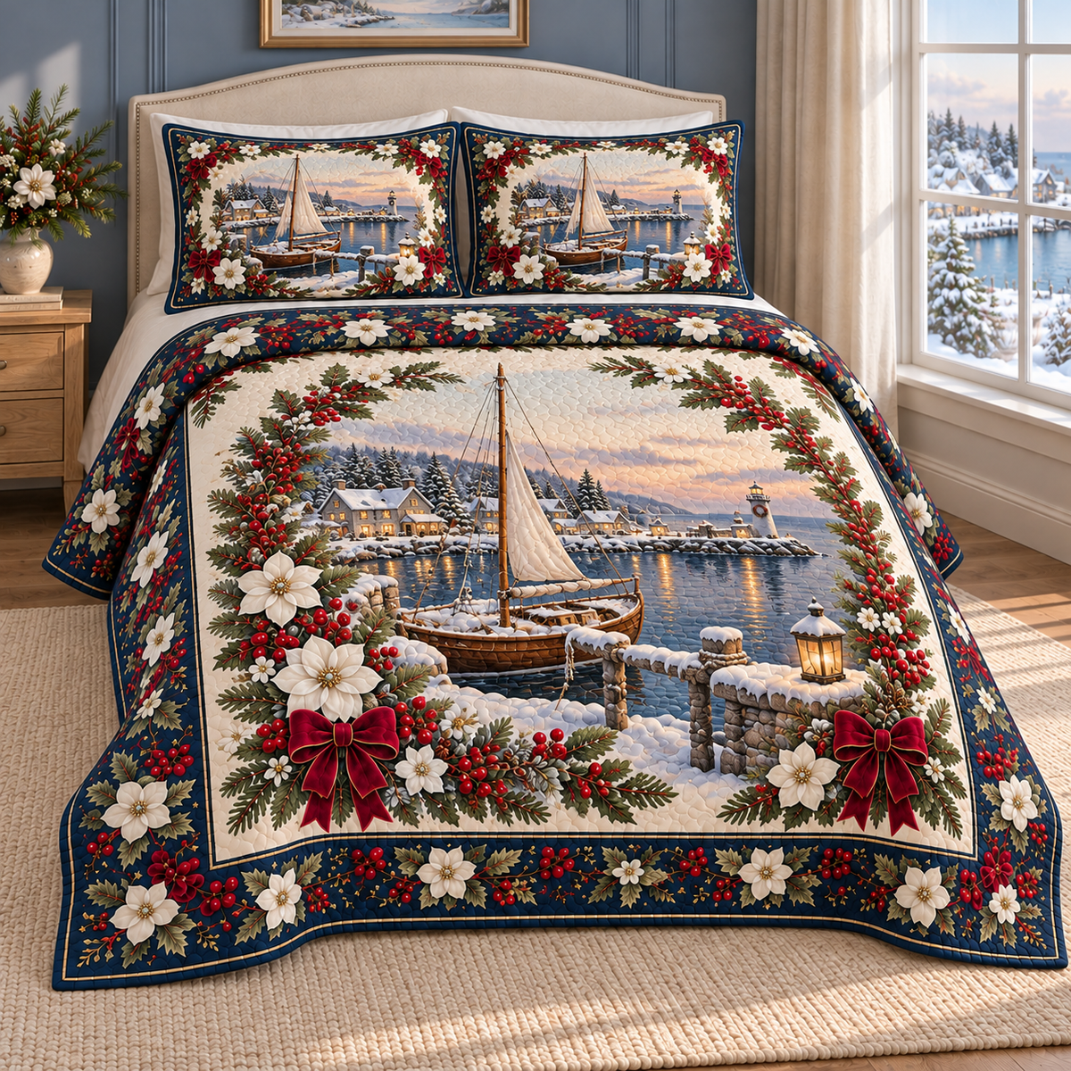 Coastal Sailboat Christmas Holly thin printed quilt with two matching pillow shams; complete-product design mockup with flat printed visual depth.