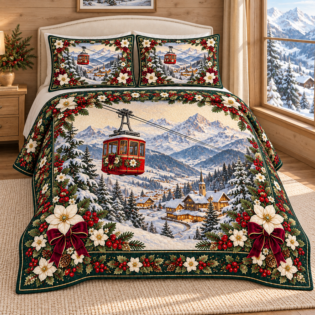 Alpine Cable Car Christmas Holly thin printed quilt with two matching pillow shams; complete-product design mockup with flat printed visual depth.