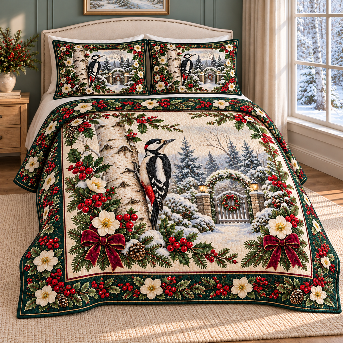 Garden Woodpecker Christmas Holly thin printed quilt with two matching pillow shams; complete-product design mockup with flat printed visual depth.