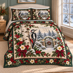 Garden Woodpecker Christmas Holly thin printed quilt with two matching pillow shams; complete-product design mockup with flat printed visual depth.