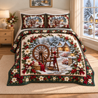 Spinning Wheel Christmas Holly thin printed quilt with two matching pillow shams; complete-product design mockup with flat printed visual depth.