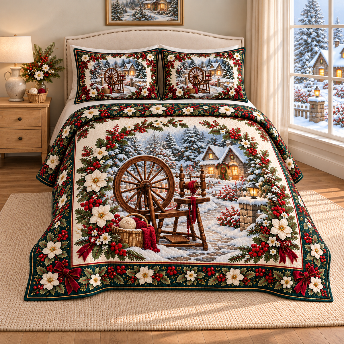 Spinning Wheel Christmas Holly thin printed quilt with two matching pillow shams; complete-product design mockup with flat printed visual depth.