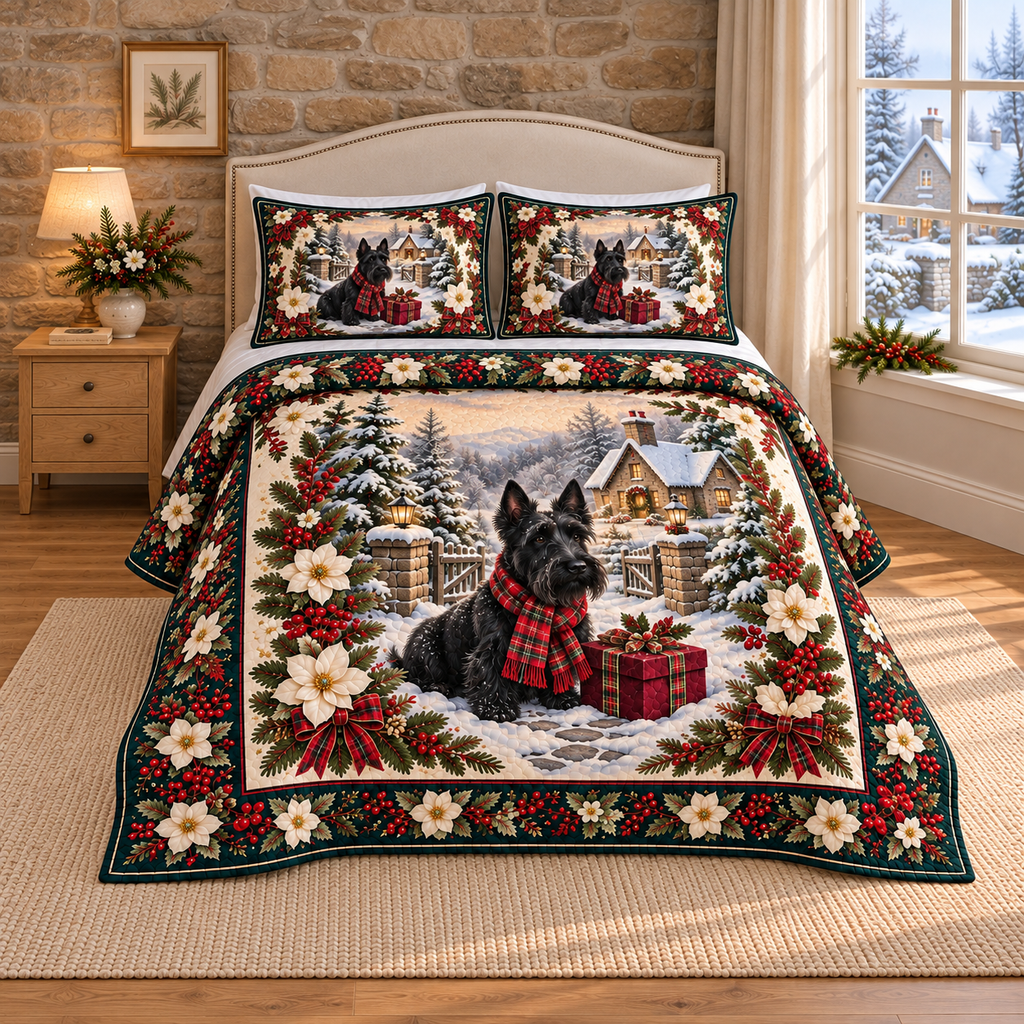Scottish Terrier Christmas Holly thin printed quilt with two matching pillow shams; complete-product design mockup with flat printed visual depth.