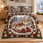Rocking Horse Christmas Holly thin printed quilt with two matching pillow shams; complete-product design mockup with flat printed visual depth.