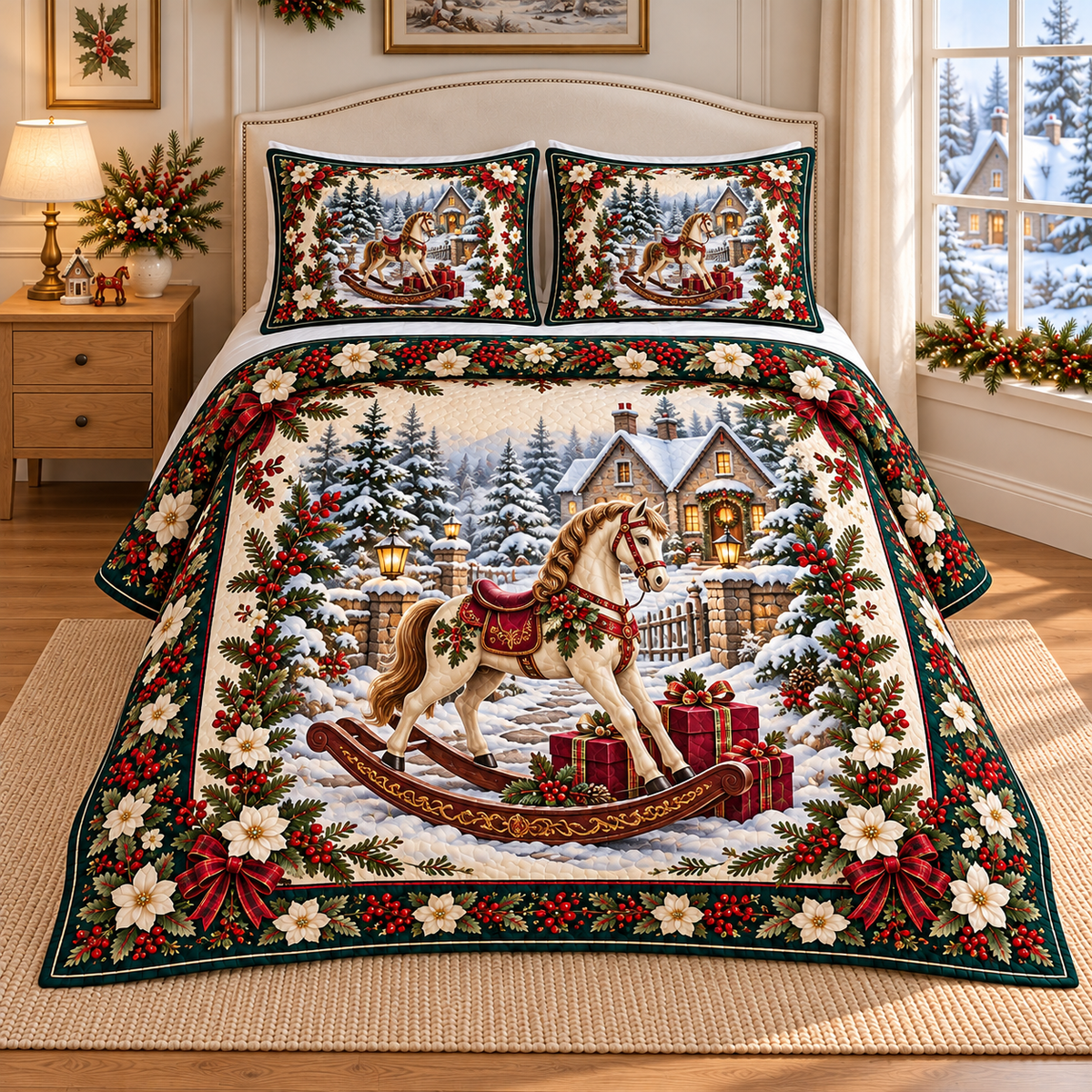 Rocking Horse Christmas Holly thin printed quilt with two matching pillow shams; complete-product design mockup with flat printed visual depth.