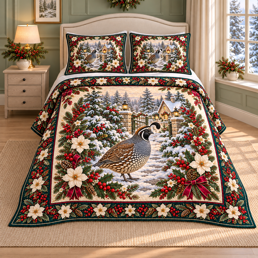 Garden Quail Christmas Holly thin printed quilt with two matching pillow shams; complete-product design mockup with flat printed visual depth.