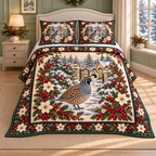 Garden Quail Christmas Holly thin printed quilt with two matching pillow shams; complete-product design mockup with flat printed visual depth.