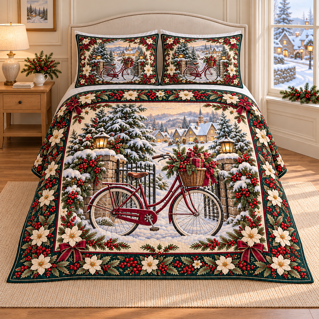 Vintage Bicycle Christmas Holly thin printed quilt with two matching pillow shams; complete-product design mockup with flat printed visual depth.