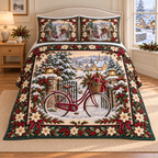 Vintage Bicycle Christmas Holly thin printed quilt with two matching pillow shams; complete-product design mockup with flat printed visual depth.