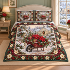 Garden Wheelbarrow Christmas Holly thin printed quilt with two matching pillow shams; complete-product design mockup with flat printed visual depth.