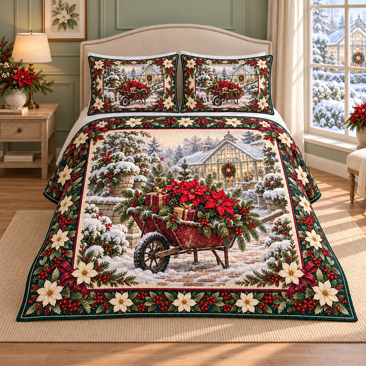 Garden Wheelbarrow Christmas Holly thin printed quilt with two matching pillow shams; complete-product design mockup with flat printed visual depth.