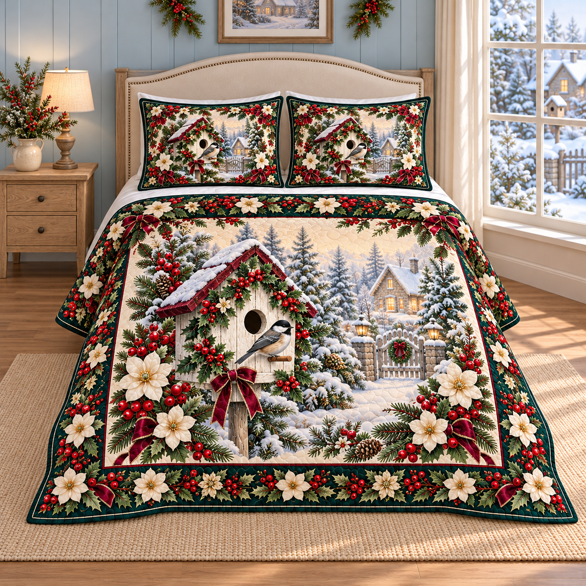 Garden Birdhouse Christmas Holly thin printed quilt with two matching pillow shams; complete-product design mockup with flat printed visual depth.