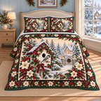 Garden Birdhouse Christmas Holly thin printed quilt with two matching pillow shams; complete-product design mockup with flat printed visual depth.