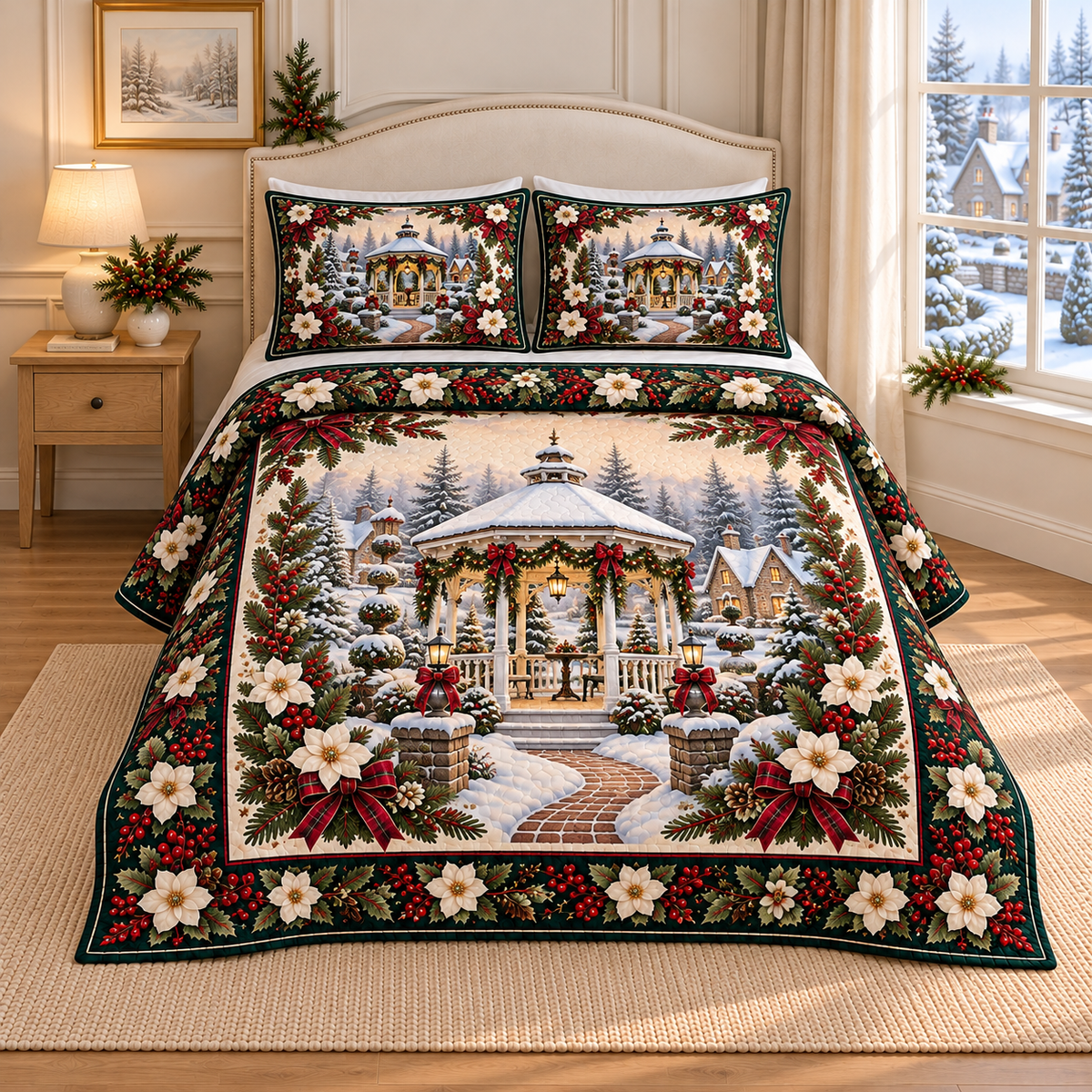 Garden Gazebo Christmas Holly thin printed quilt with two matching pillow shams; complete-product design mockup with flat printed visual depth.