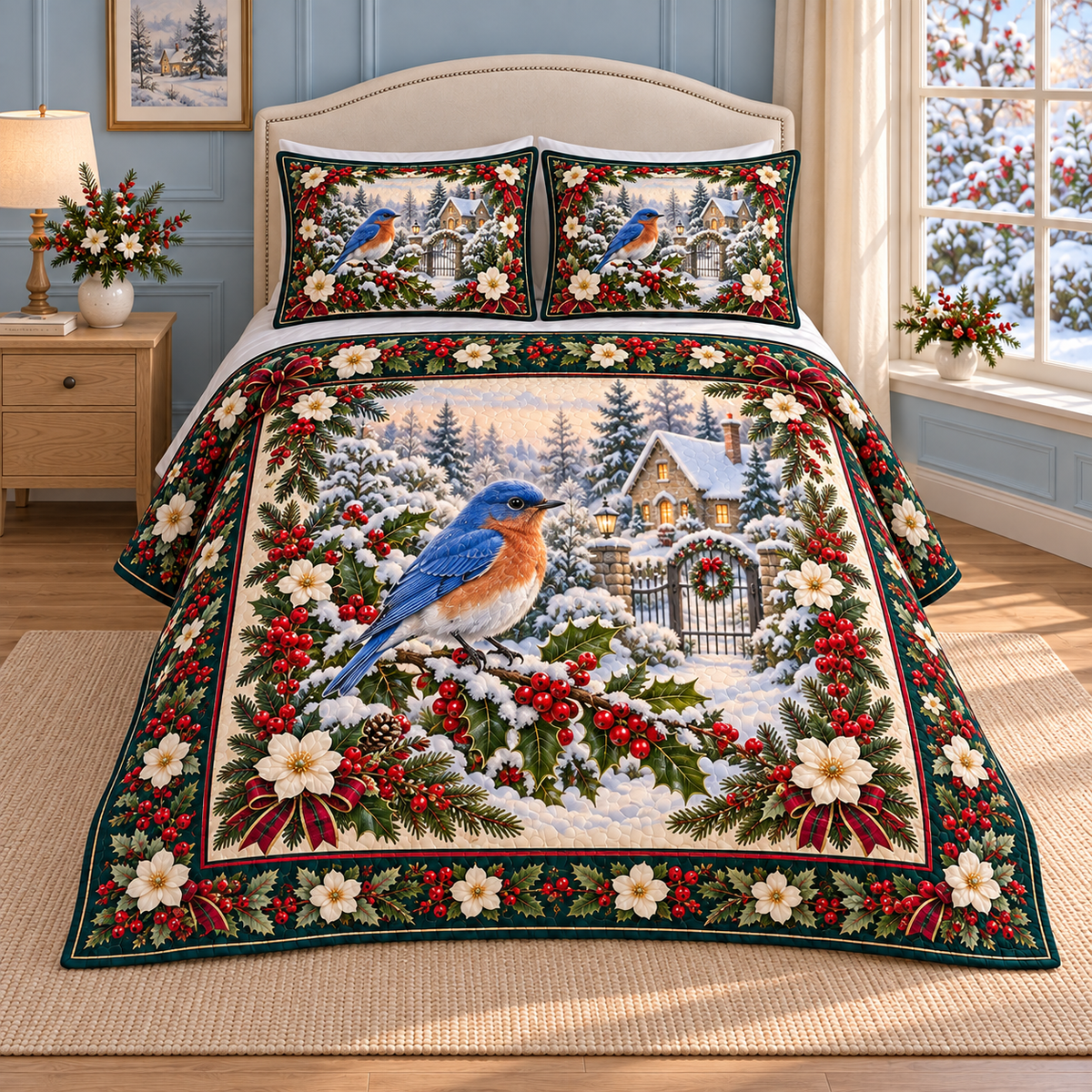 Garden Bluebird Christmas Holly thin printed quilt with two matching pillow shams; complete-product design mockup with flat printed visual depth.