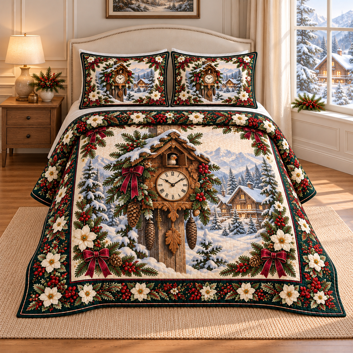 Cuckoo Clock Christmas Holly thin printed quilt with two matching pillow shams; complete-product design mockup with flat printed visual depth.