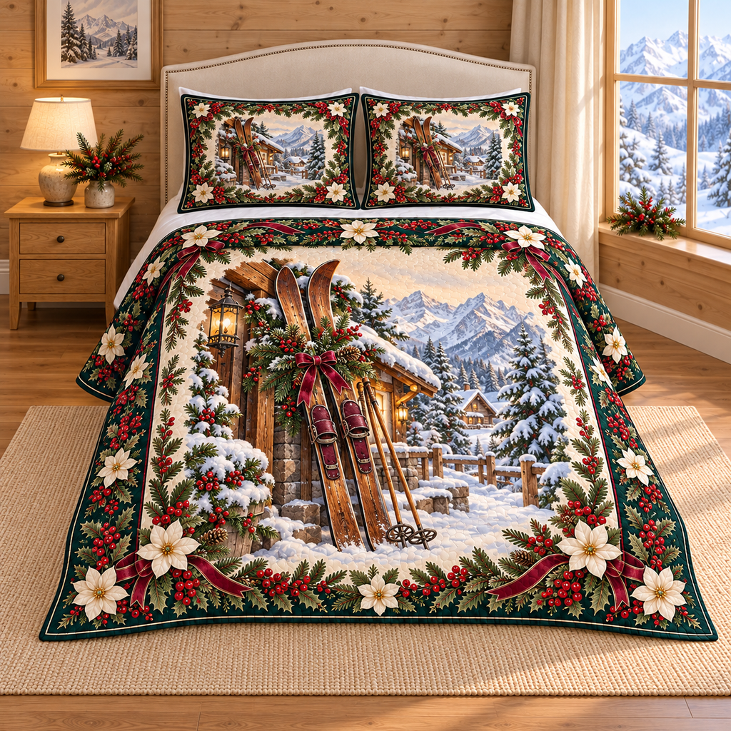 Alpine Skis Christmas Holly thin printed quilt with two matching pillow shams; complete-product design mockup with flat printed visual depth.
