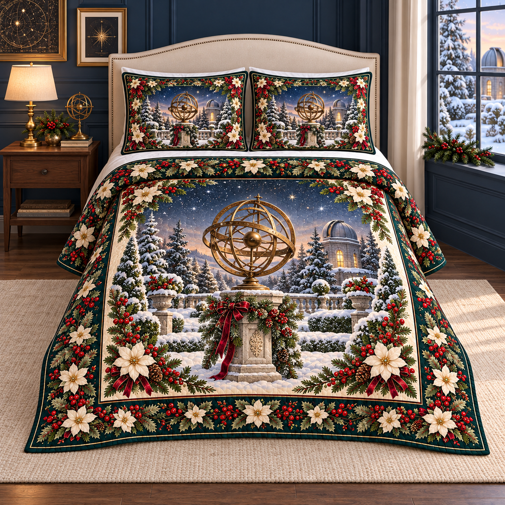 Armillary Sphere Christmas Holly thin printed quilt with two matching pillow shams; complete-product design mockup with flat printed visual depth.