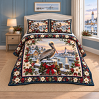 Coastal Pelican Christmas Holly thin printed quilt with two matching pillow shams; complete-product design mockup with flat printed visual depth.