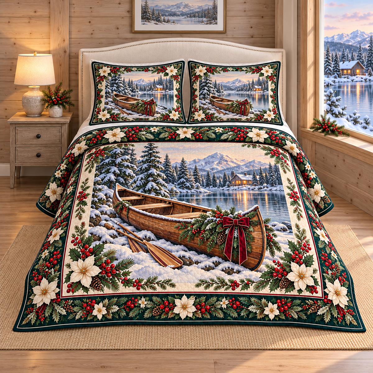 Woodland Canoe Christmas Holly thin printed quilt with two matching pillow shams; complete-product design mockup with flat printed visual depth.