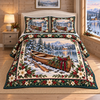 Woodland Canoe Christmas Holly thin printed quilt with two matching pillow shams; complete-product design mockup with flat printed visual depth.
