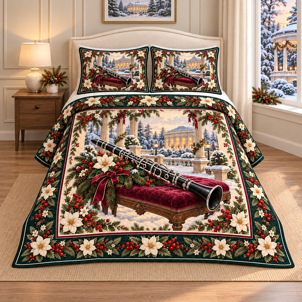 Vintage Clarinet Christmas Holly thin printed quilt with two matching pillow shams; complete-product design mockup with flat printed visual depth.