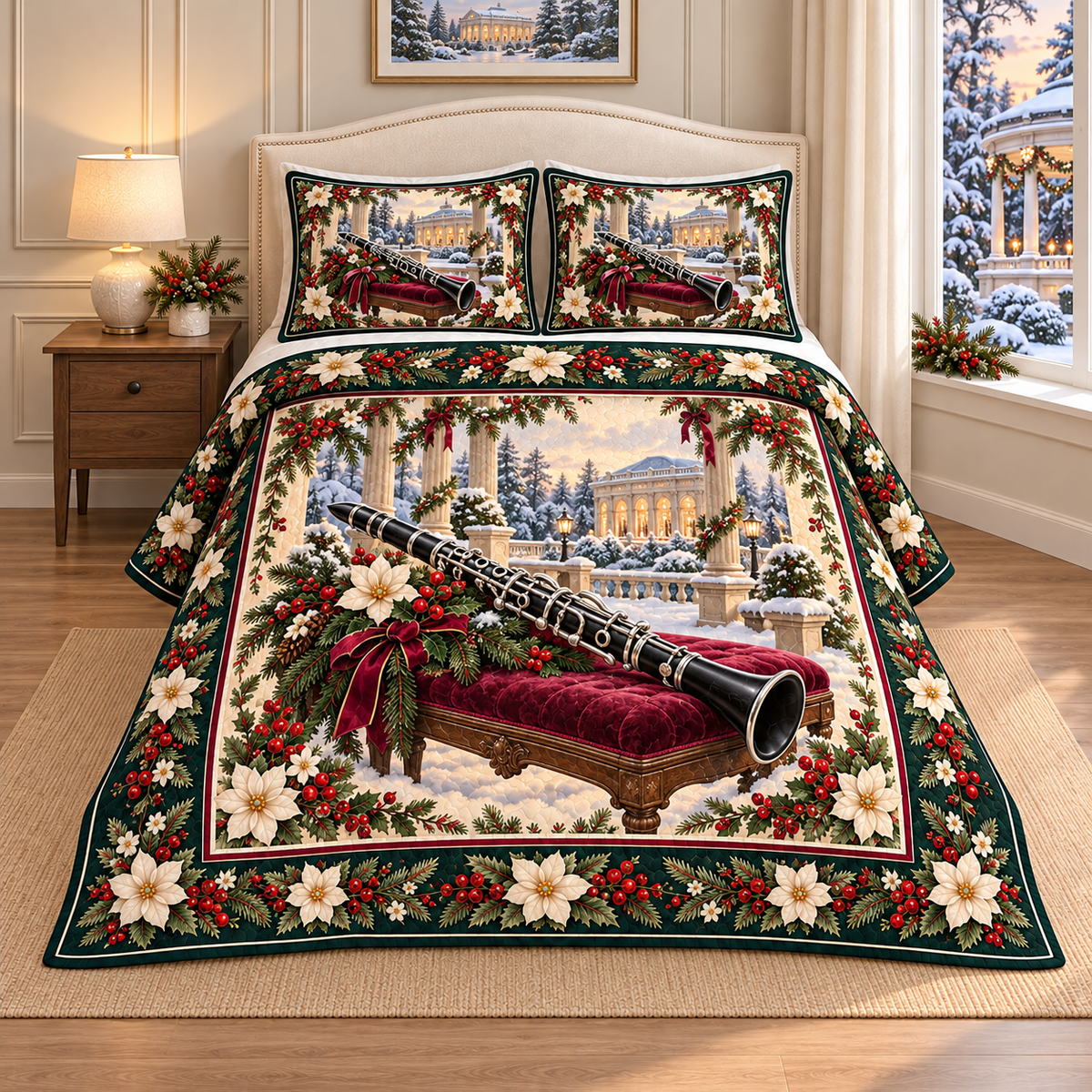 Vintage Clarinet Christmas Holly thin printed quilt with two matching pillow shams; complete-product design mockup with flat printed visual depth.