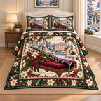 Vintage Clarinet Christmas Holly thin printed quilt with two matching pillow shams; complete-product design mockup with flat printed visual depth.