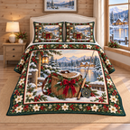 Fishing Creel Christmas Holly thin printed quilt with two matching pillow shams; complete-product design mockup with flat printed visual depth.