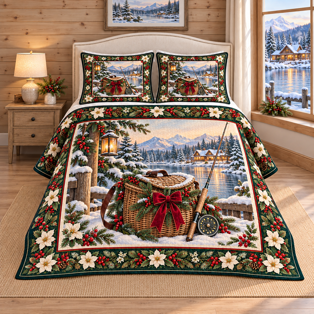 Fishing Creel Christmas Holly thin printed quilt with two matching pillow shams; complete-product design mockup with flat printed visual depth.